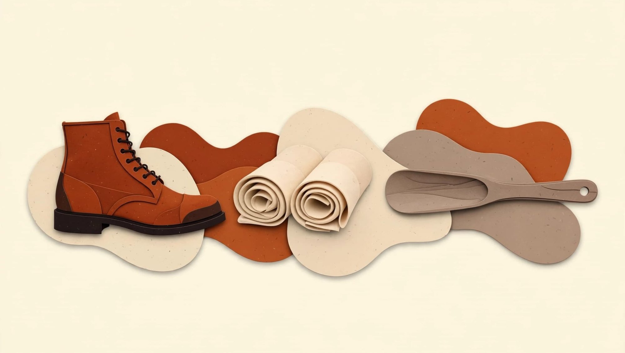 Cut-paper collage: leather work boot, rolled socks and wooden shoe horn