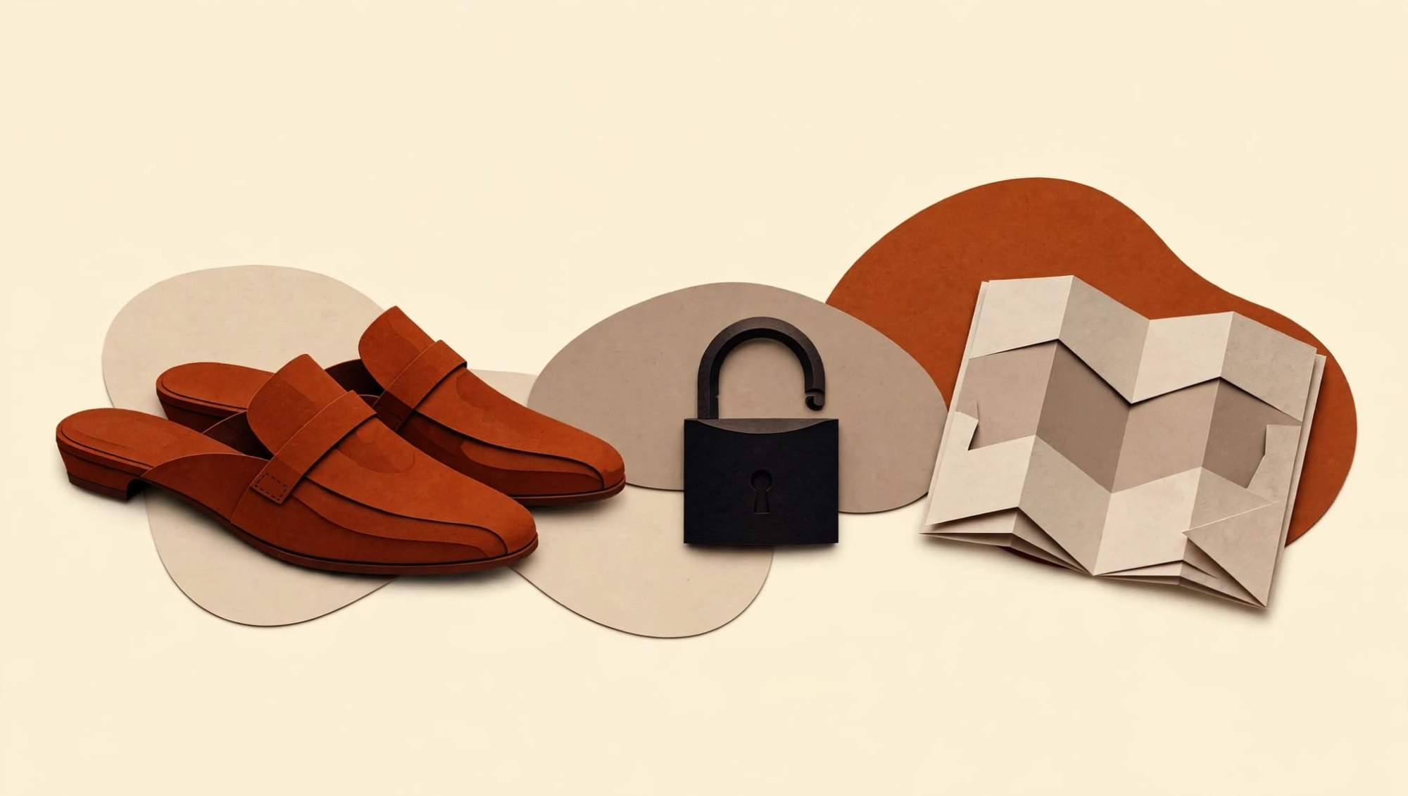 Cut-paper collage: leather mules, a padlock and a folded paper map