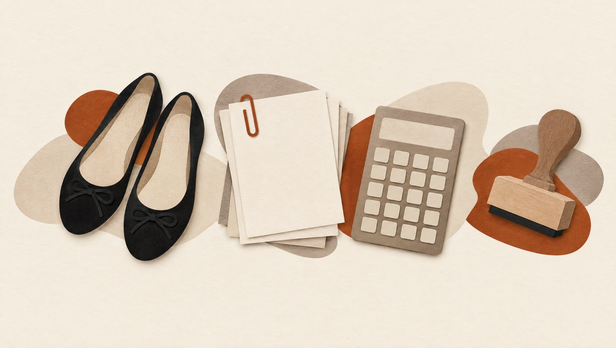 Cut-paper collage: ballet flats, paper forms, calculator and rubber stamp
