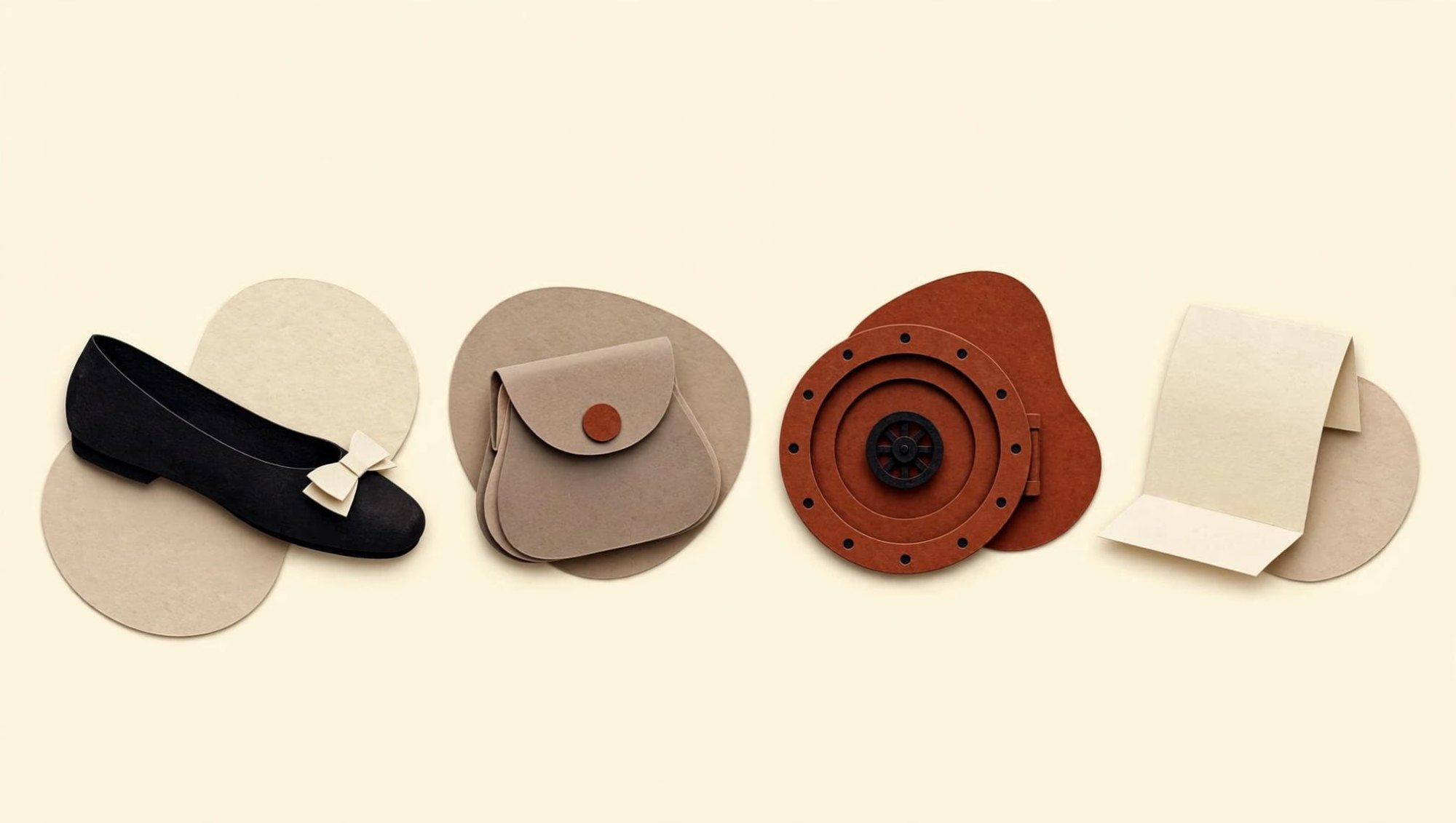 Cut-paper collage: ballet flat, coin purse, vault door and folded receipt