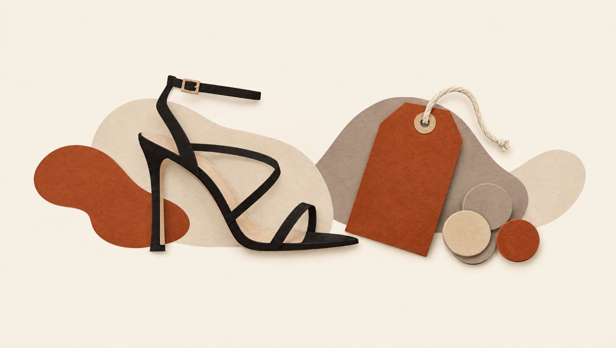 Cut-paper collage: price tag, strappy sandal and coins