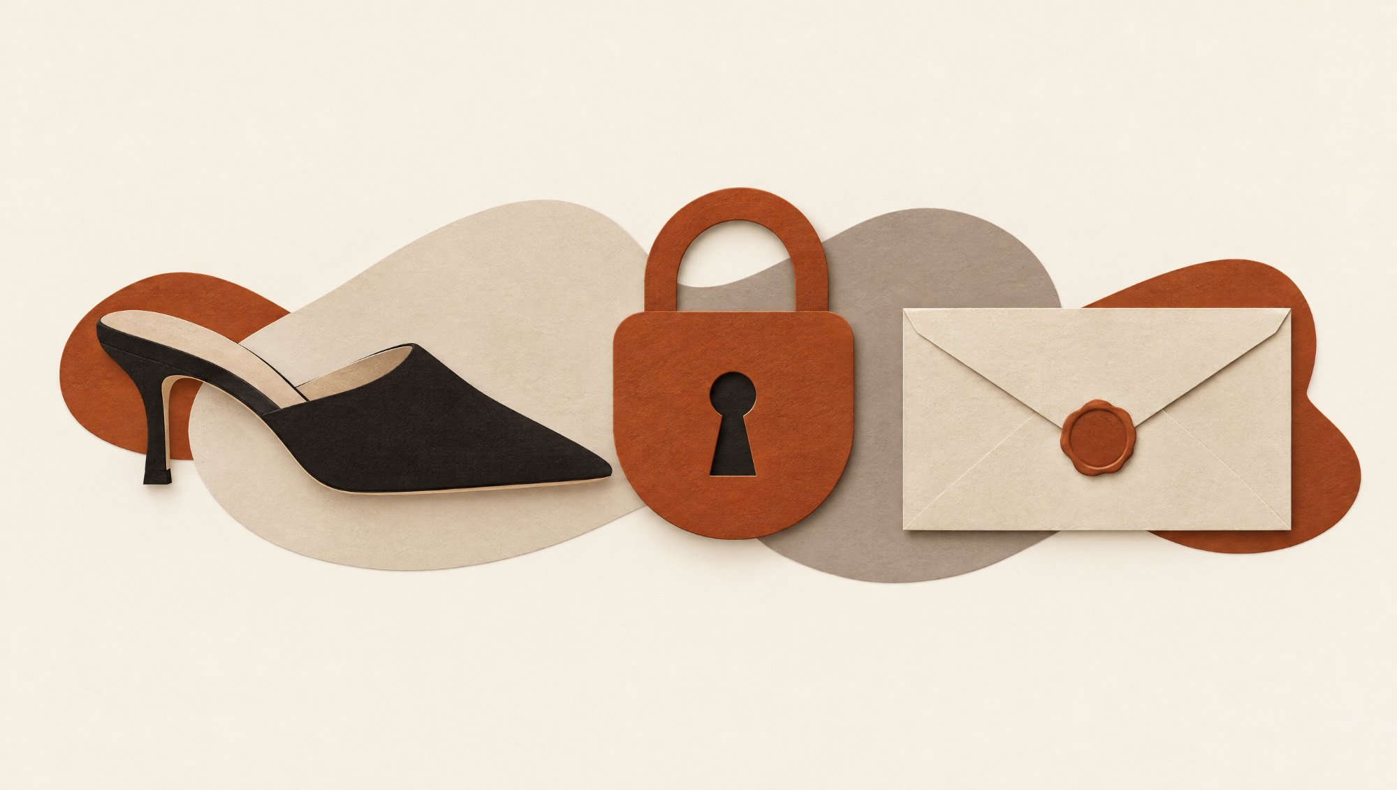 Cut-paper collage: mule, padlock and sealed envelope