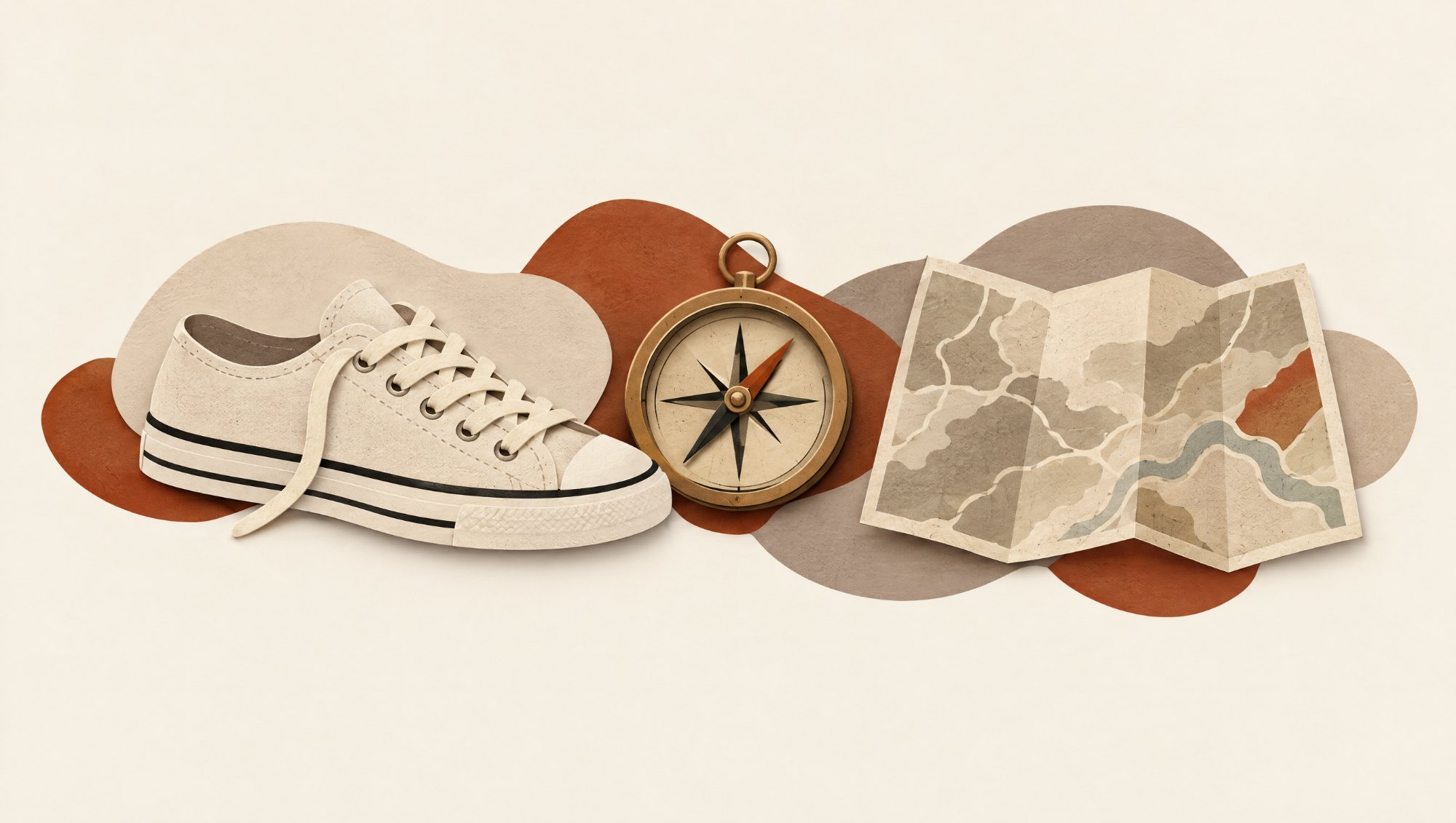 Cut-paper collage: sneaker, compass and folded map