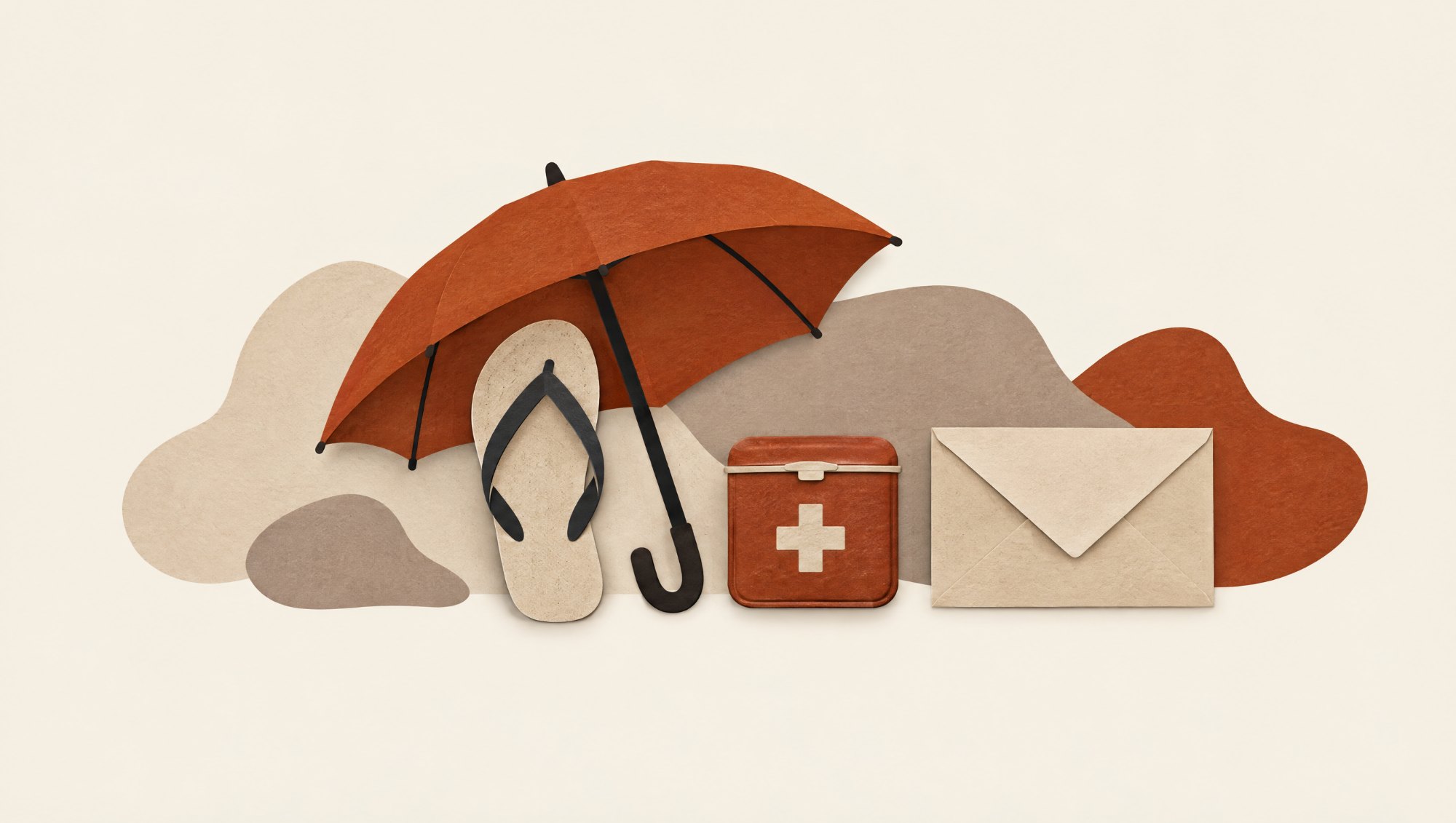 Cut-paper collage: umbrella over a flip-flop, first-aid tin and envelope