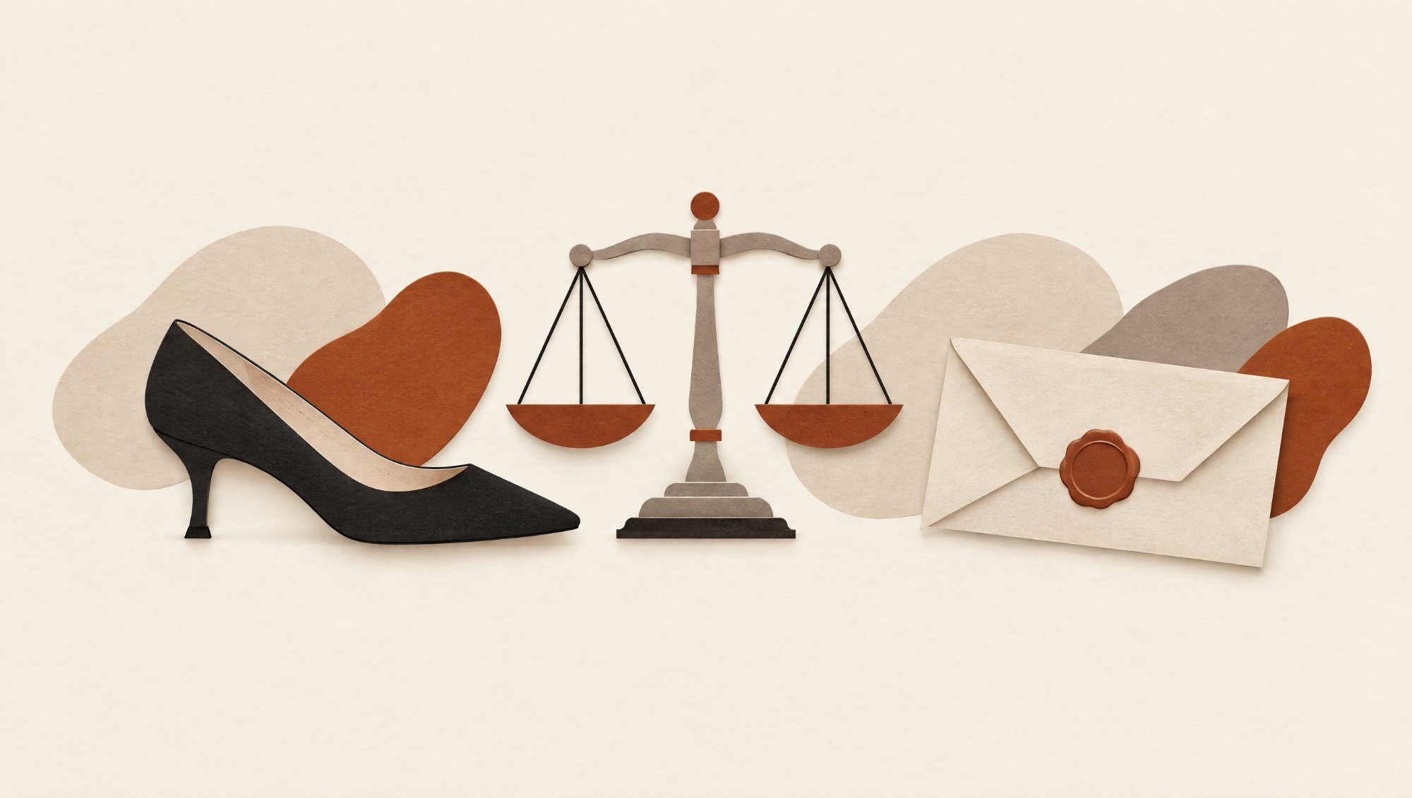 Cut-paper collage: kitten heel, balance scale and sealed document