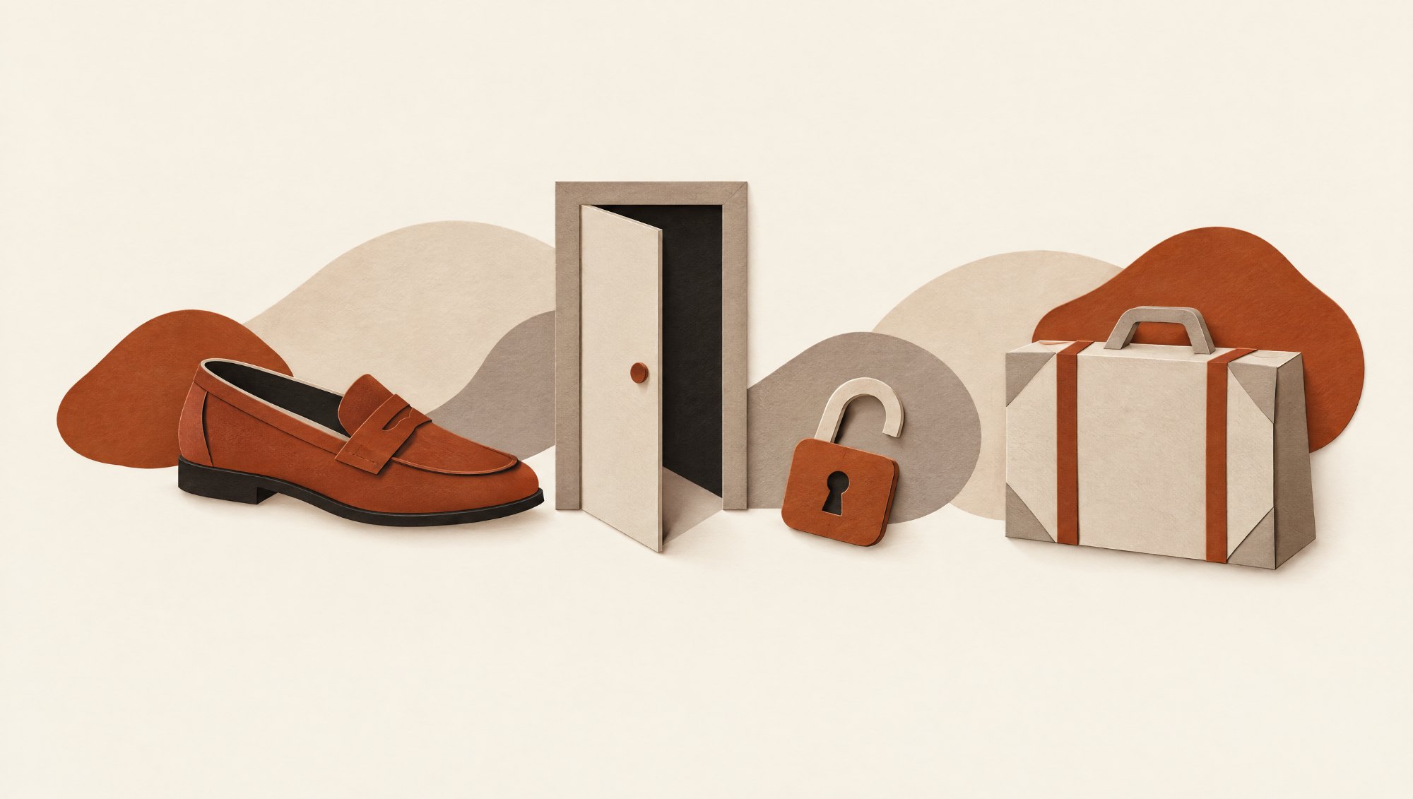 Cut-paper collage: loafer, open door, open padlock and suitcase