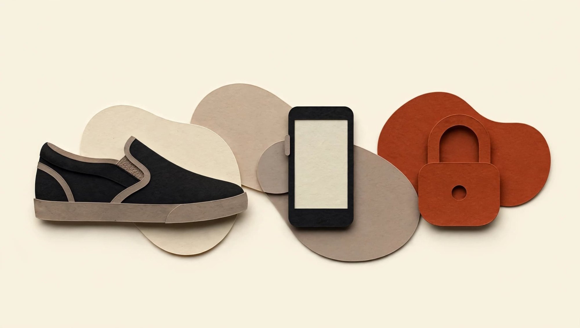Cut-paper collage: slip-on sneaker, smartphone and padlock