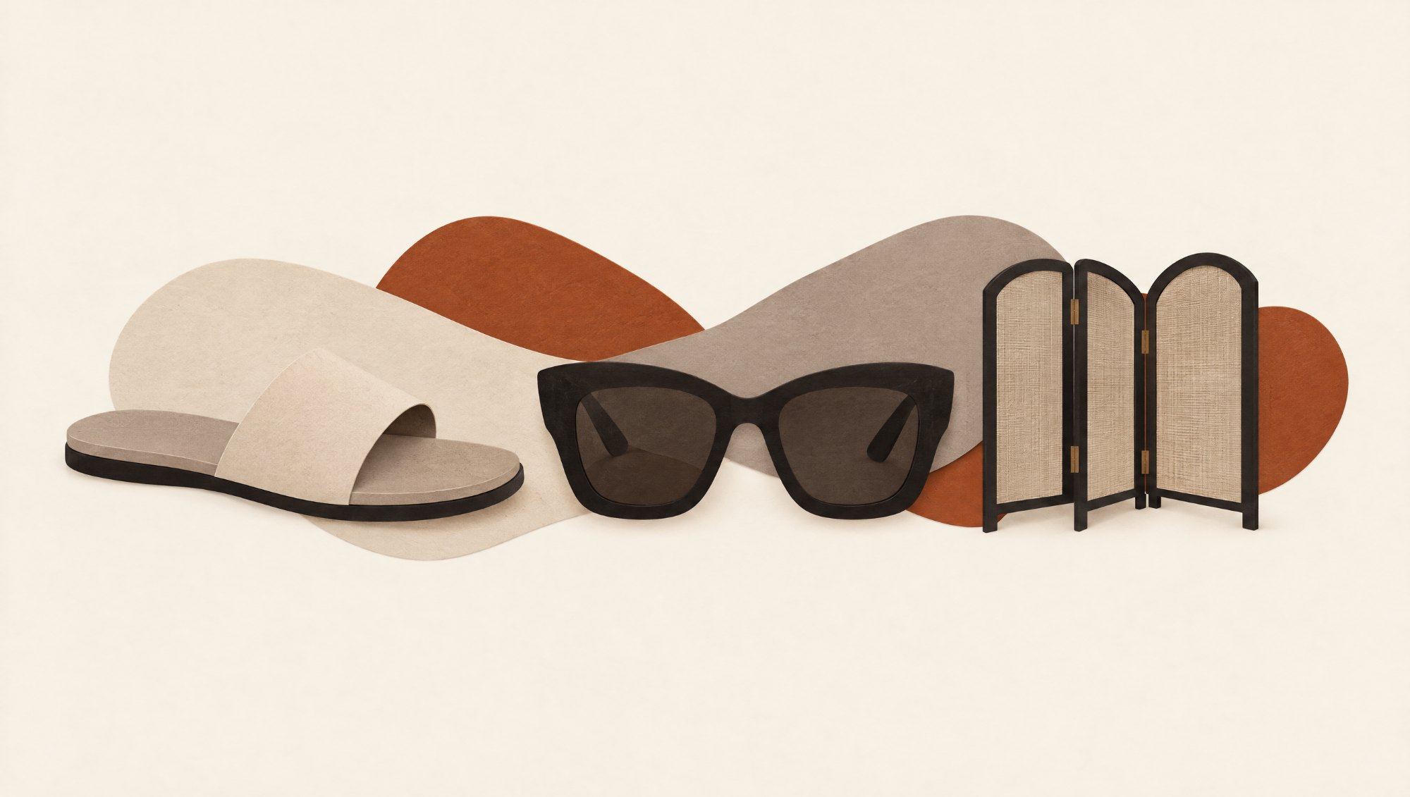 Cut-paper collage: slide sandal, sunglasses and privacy screen