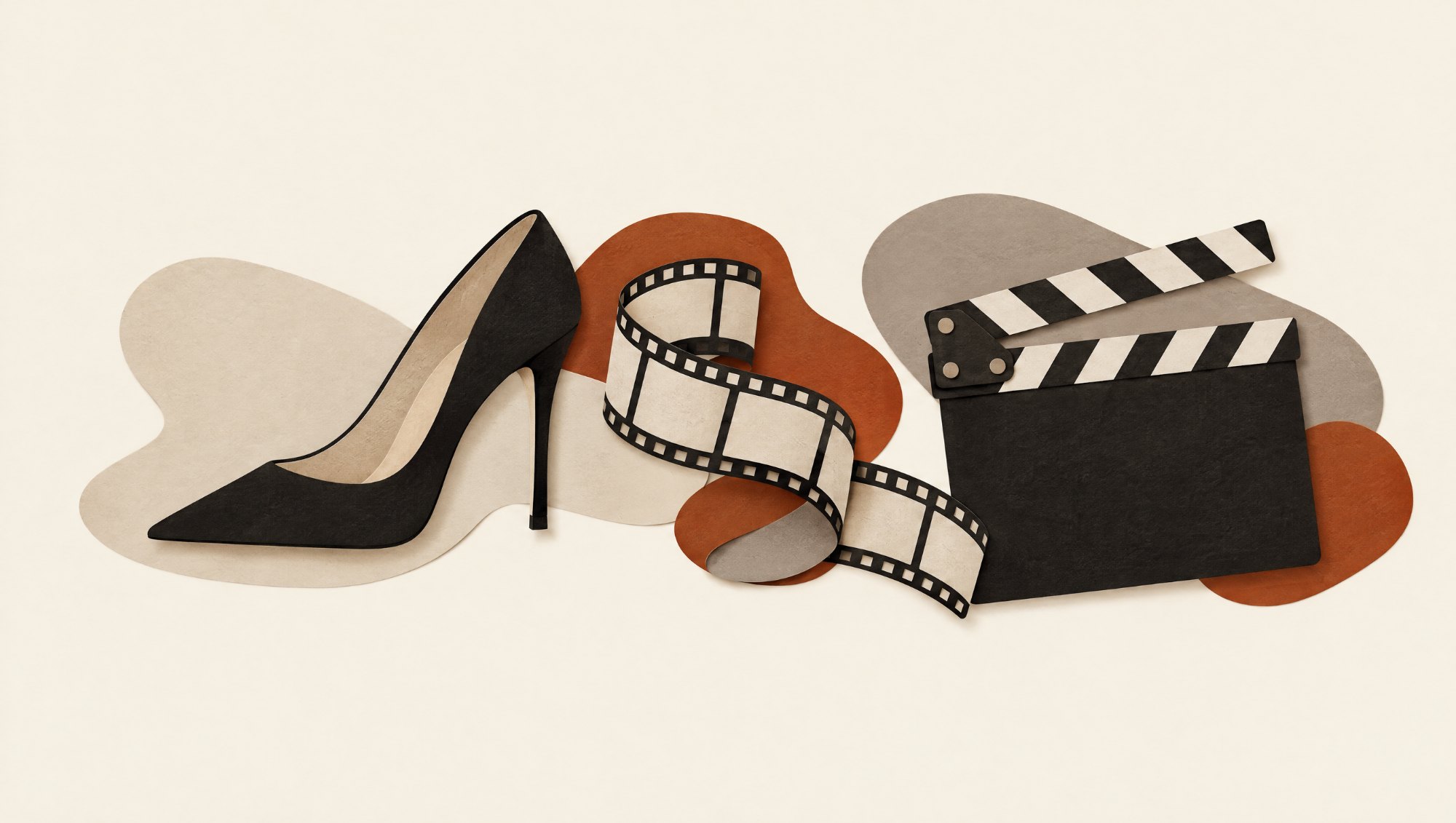 Cut-paper collage: pump, film strip and clapperboard