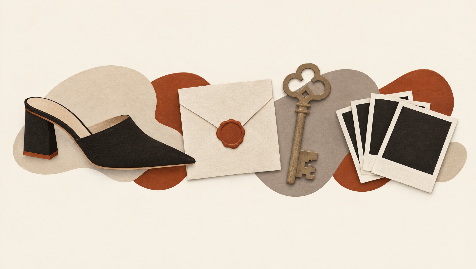 Cut-paper collage: mule, sealed contract, key and photo prints