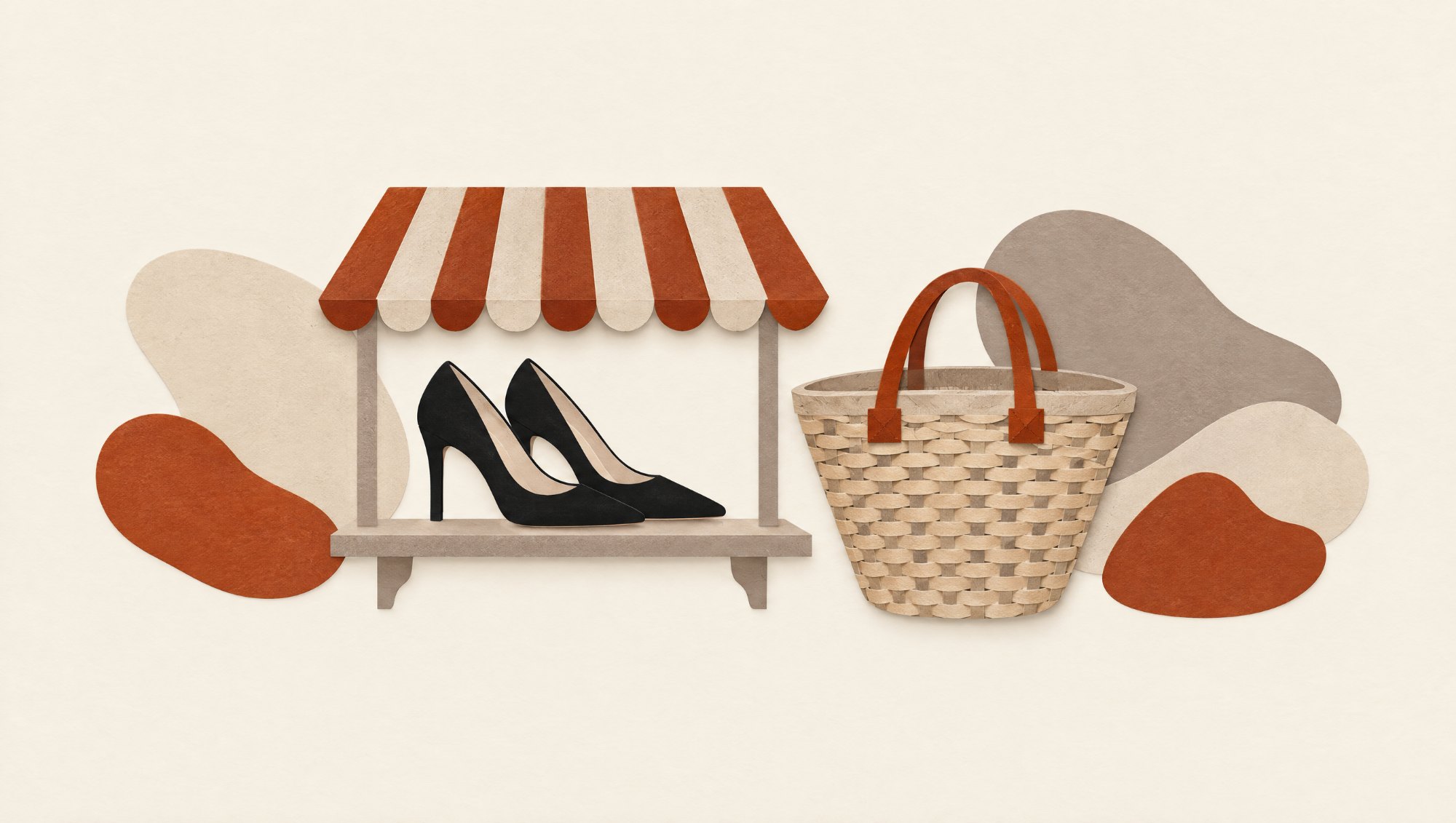 Cut-paper collage: heels on a shelf under a market awning, shopping basket