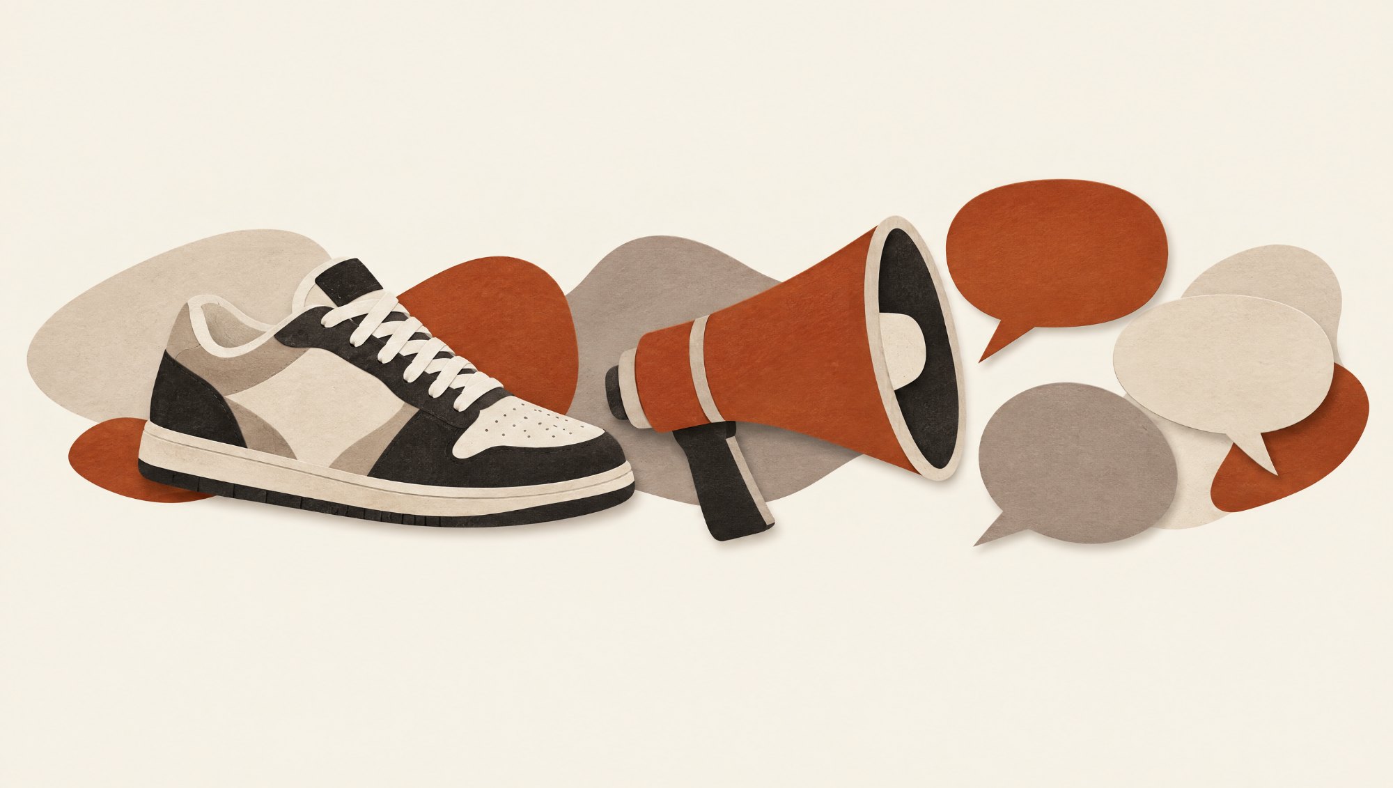 Cut-paper collage: sneaker, megaphone and speech bubbles