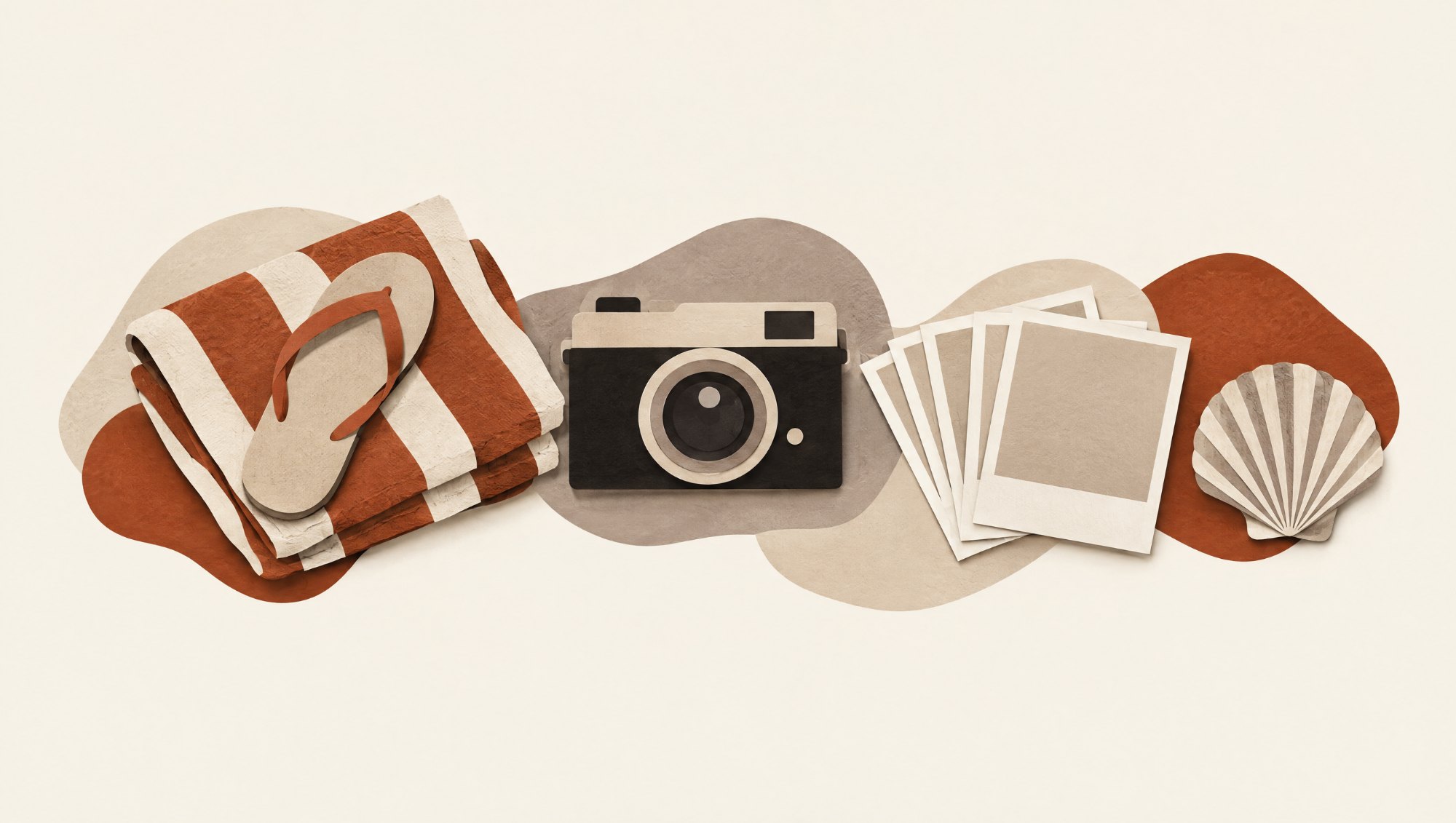 Cut-paper collage: flip-flop on a beach towel, camera, photo prints and seashell