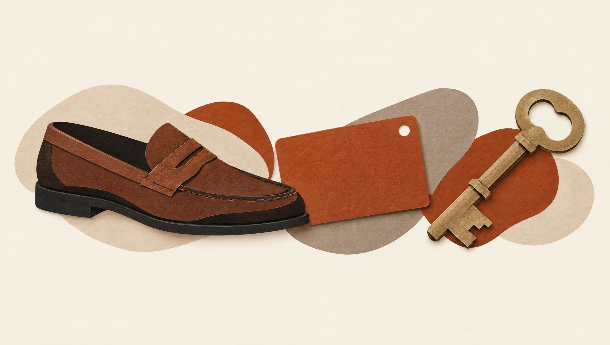 Cut-paper collage: loafer, membership card and key