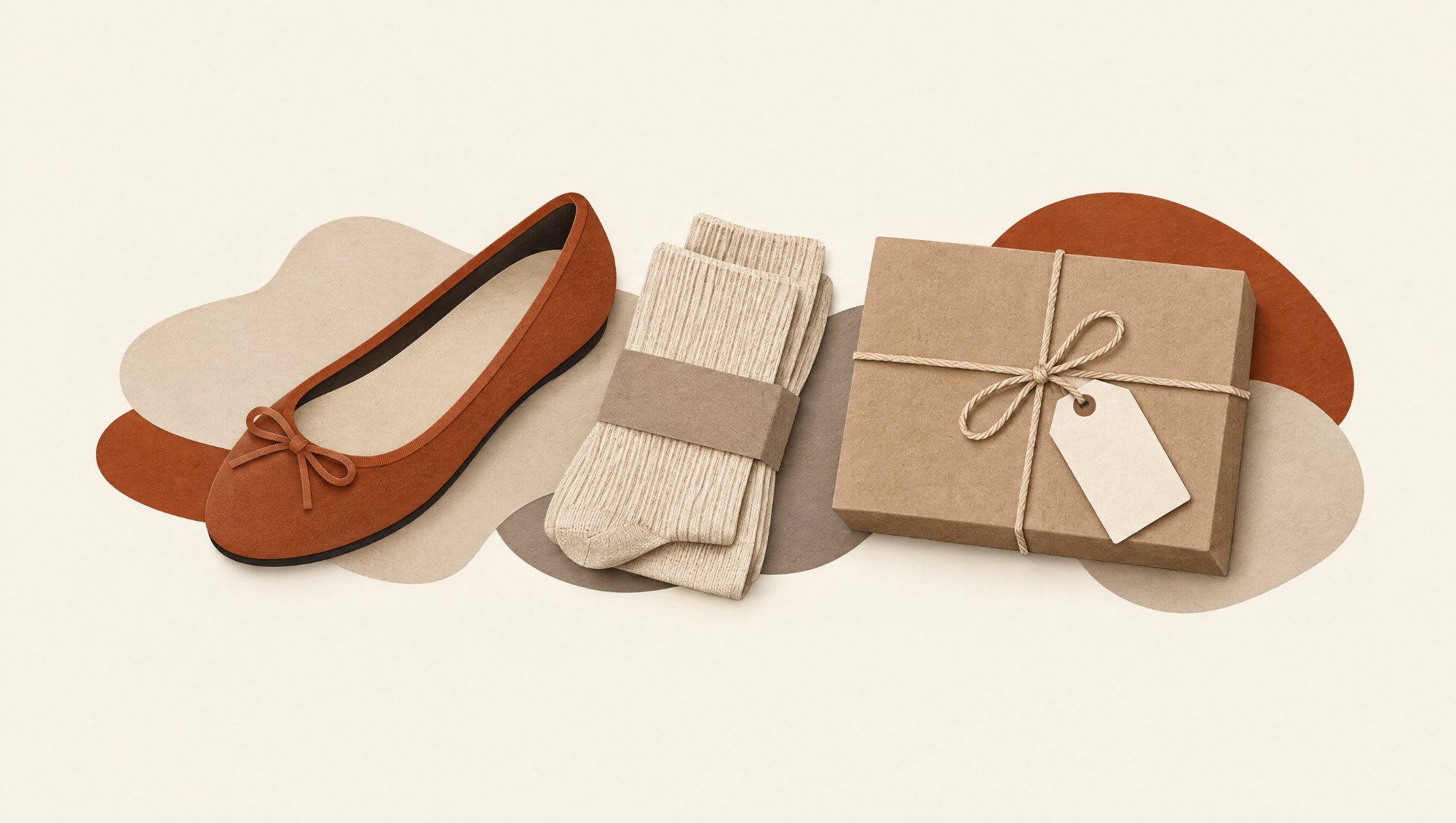 Cut-paper collage: ballet flat, folded socks and a tied parcel
