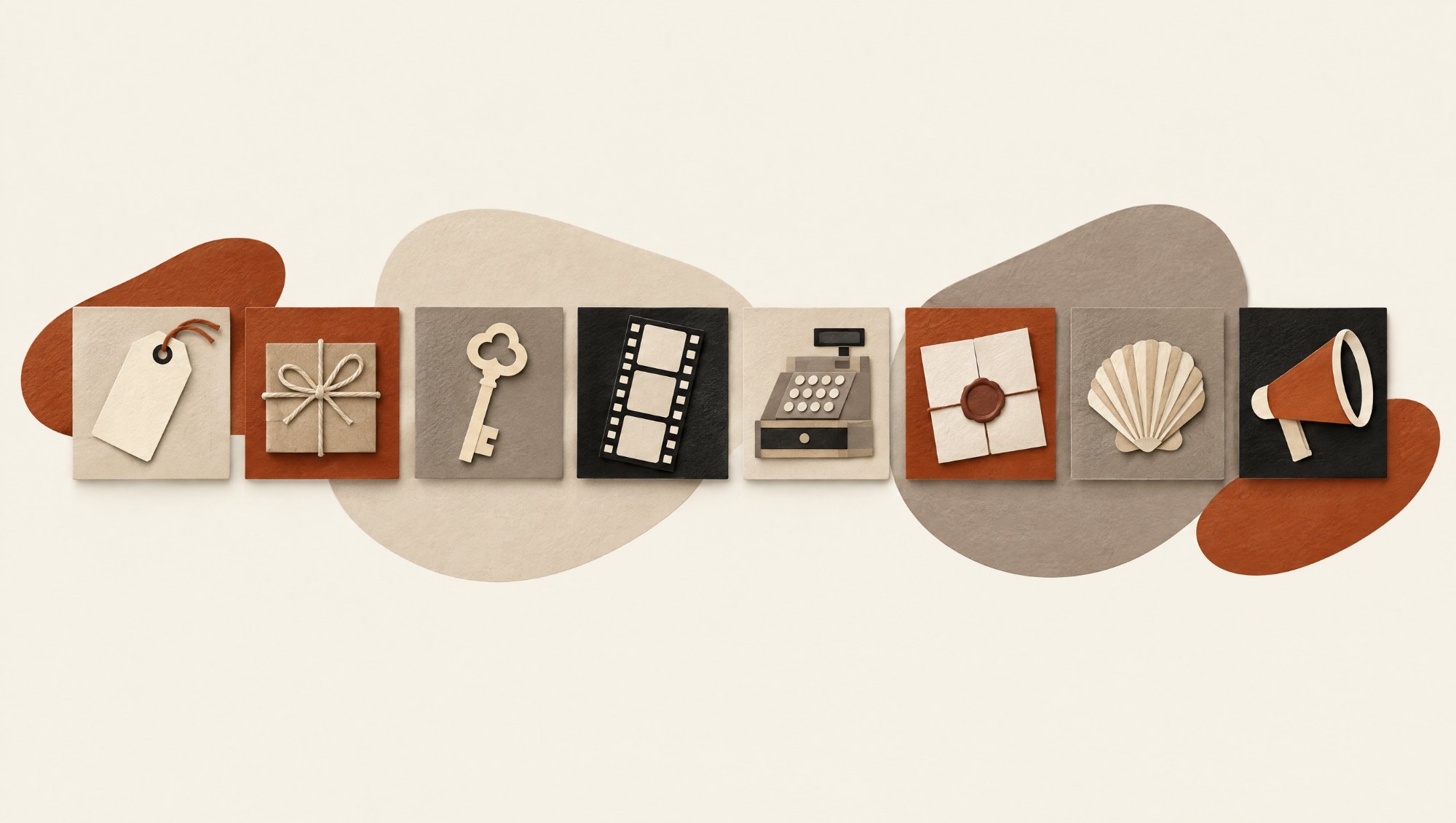 Cut-paper collage: eight tiles with small objects