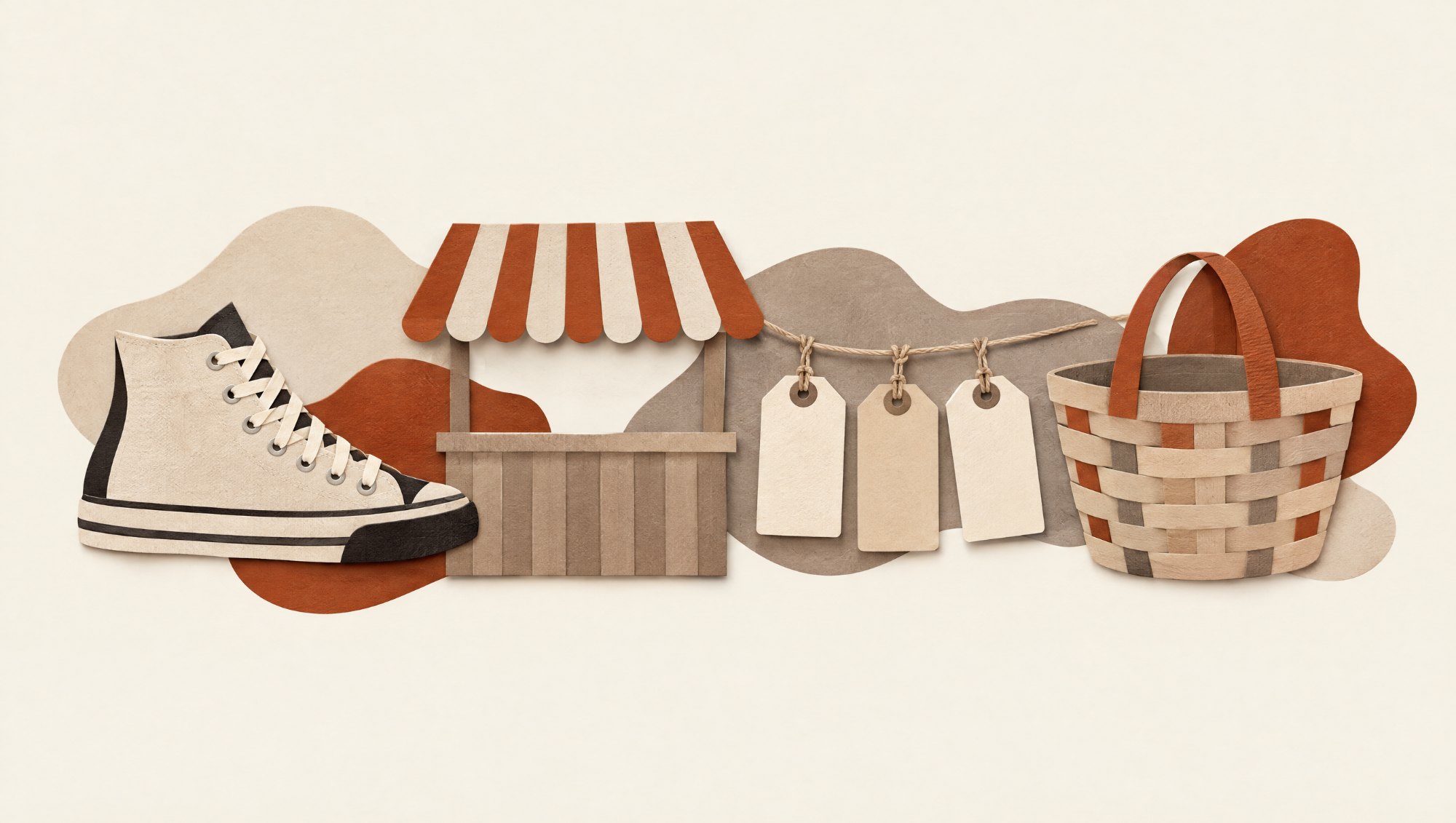 Cut-paper collage: high-top sneaker, market awning, hanging tags and basket