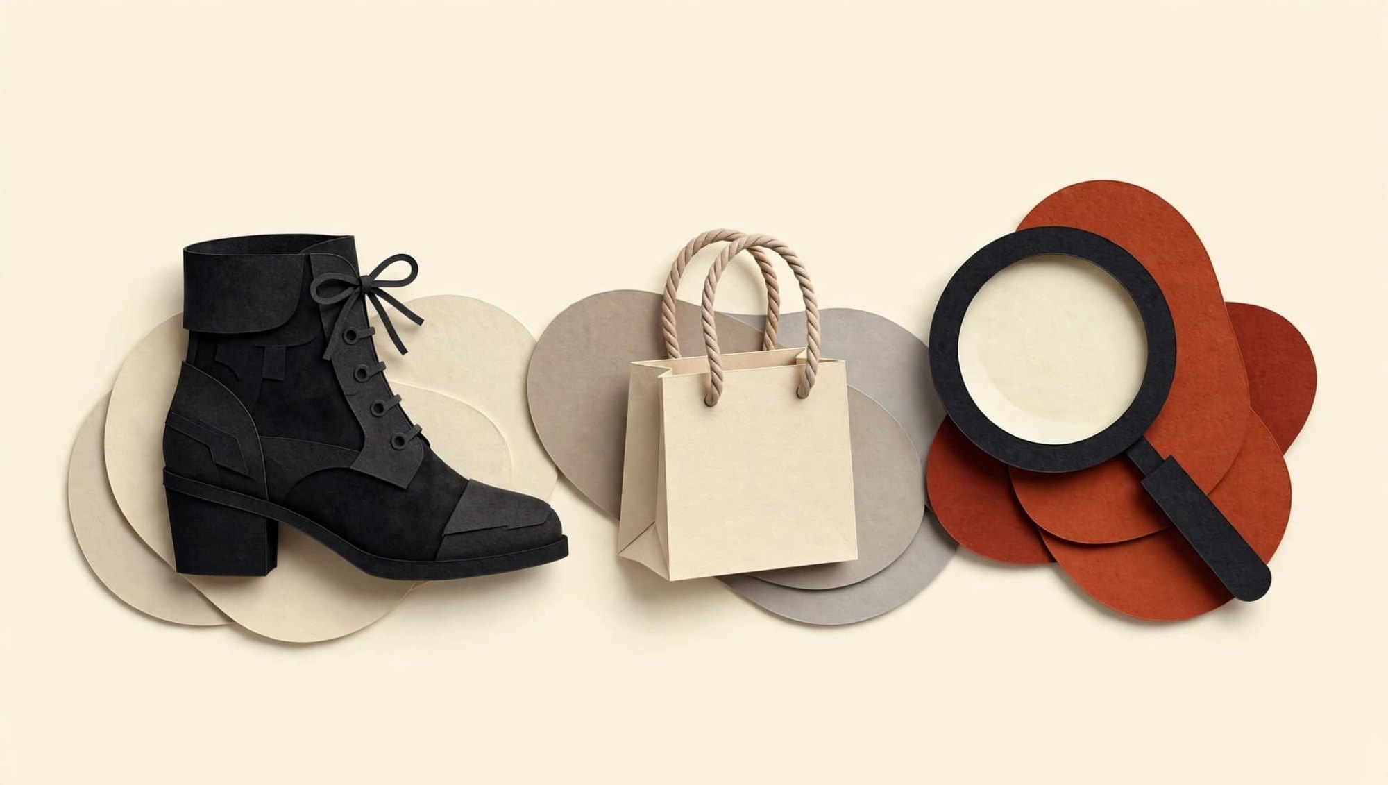 Cut-paper collage: suede ankle boot, paper shopping bag and magnifying glass
